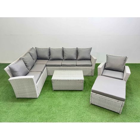 Fimous 8 Seater Garden Outdoor PE Rattan Furniture Set Rattan Garden Sofa Set with Big Footstool Light Grey Mixed (1/5)