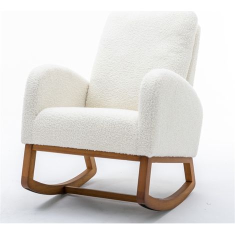 Fauteuil à bascule, avec accoudoirs et poches, cadre en bois, style moderne du milieu du siècle, velours, chaise à bascule rembourrée Sherpa – Blanc