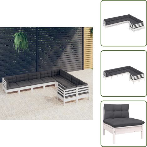 9-tlg. Garten-Lounge-Set mit Kissen Weiß Kiefernholz - Garten Lounge Set - Kiefernholz Möbel - Outdoor Sessel - Gartenmöbel - Loungesessel