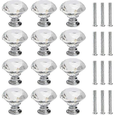 Un ensemble de 12 poignées de porte de coiffeuse en cristal, de 30 mm de diamètre, avec vis et finition argentée décorative. (1/5)
