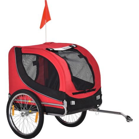 Remorque vélo pour chien rouge et noire, transporteur stable avec deux accès, tissu oxford, roues gonflables, 130 x 73 x 90 cm - CHICFURN (1/5)