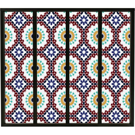 Verrière atelier intérieure aluminium noir 4 vitrages 135 x 117 cm - Décor oriental - Taljane - bleu et multicolore et transparent - Verre trempé (1/5)