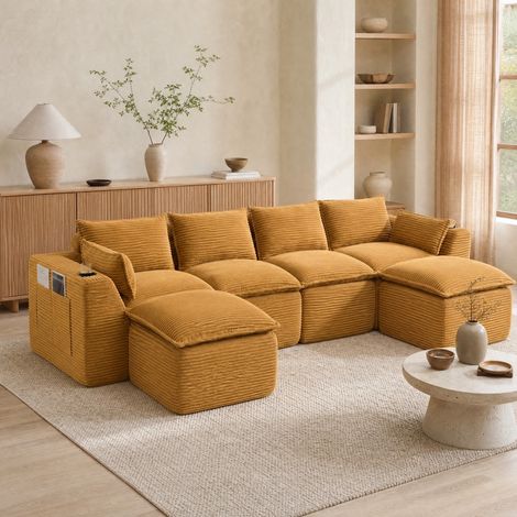 Canapé modulable 4 places, 2 poufs et porte-boisson, velours côtelé orange HAVRYA (1/5)