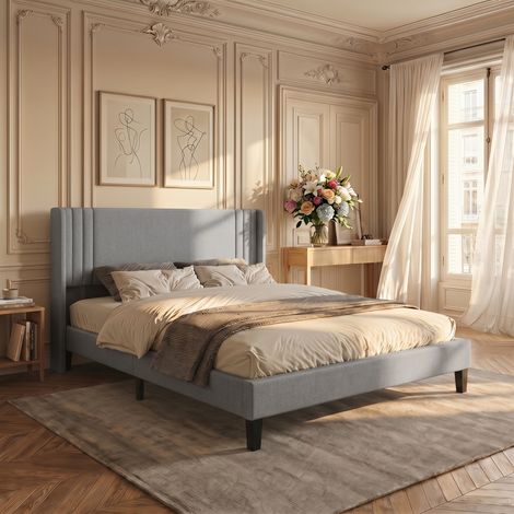 Lit double 160 x 200 cm - Tête de lit capitonnée en forme d'aile - Cadre de lit en tissu - Sommier à lattes - Conception silencieuse - Espace de rangement sous le lit
