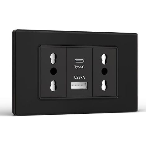 Socket with USB A and USB C, 118 mm wall sockets, Italian sockets for home office, 2 sockets + USB A/C 10.5 W, Black (1/5)