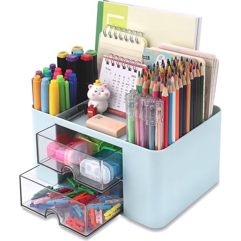 Organisateur de Bureau avec 2 Tiroirs, 19CM x 14CM Organisateur de Bureau Multifonctionnel Porte-Stylo de Grande Capacité Organisateur de Maquillage pour Bureau École Maison Tableau (Bleu) (1/5)