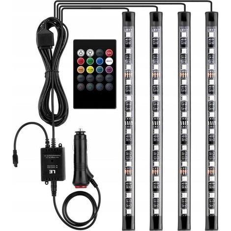 12V LED Car Interior Lights with 4pcs 48 RGB, 3m Multicolor Car LED Strip Lights, Controllable Light Strip with Remote Control, Waterproof Cigarette Lighter Lights (1/4)