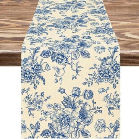 Chemin De Table - Jute - 33 X 183 Cm - Motif Rose Bleue Vintage - Pour Table Basse Salle À Manger - 1 Pièce (1/4)