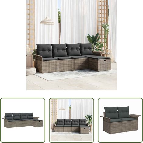 vidaXL Poly-Rattan - Gartensofa-set mit Kissen mit Speicher 5 pcs Grau Poly-Rattan