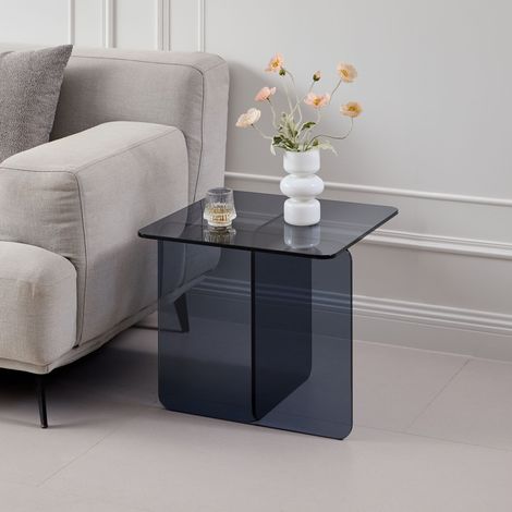 Glas-Tisch für Nachttisch oder Sofa aus gehärtetem, gebogenem Grau- und Transparentglas – elegantes, modernes Design, robust und sicher