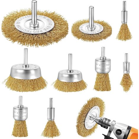 Lot de 9 Brosse Metallique pour Perceuse, Brosse Laiton pour Perceuse Queue de 6 mm, Brosses Meuleuse, Visseuse Perceuse à Pour nettoyer le métal/le bois/la peinture/le brossage de surface