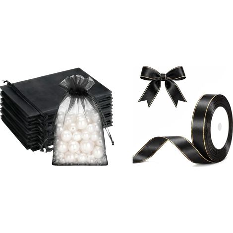 50PCS Sacs Organza et Ruban Satin Noir (1/5)