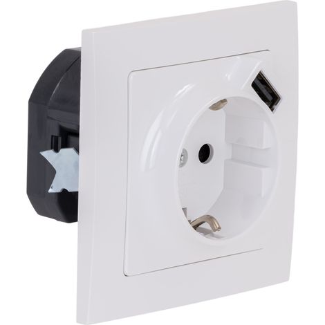 Prise Schuko + USB A encastrés + plaque de finition Kalya - Blanc - Zenitech (1/5)