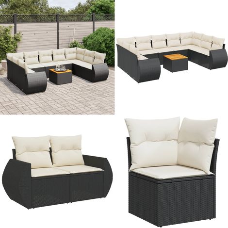 10-tlg. Garten-Sofagarnitur mit Kissen Schwarz Poly Rattan - Gartensorte - Outdoor Möbel - Gartenlounge - Rattan Gartenmöbel - Esstisch Set - Home & Living (1/5)
