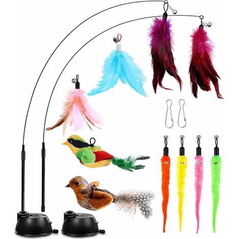 Lot de 14 pêches pour chat avec 2 ventouses, jouets interactifs pour chat avec oiseau, jouets interactifs pour chat avec plumes, ver, plumes de rechange avec cloches (1/5)