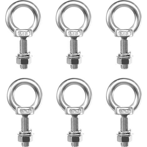 Lot de 6 boulons à œil M8 ronds en acier inoxydable M8 × 30 mm Boulon à œil avec écrous, rondelles, vis à œillet pour rouleau de fixation, suspension (1/5)