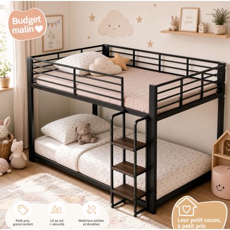 Lit mezzanine 140x200 cm métal noir avec escalier bois, gain de place, sans matelas – MEUBLIV (1/5)