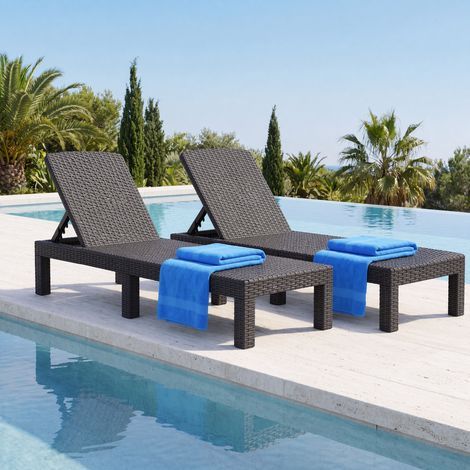 Lot de 2 Bain de soleil -Chaise longue de jardin design imitation rotin,transat jardin exterieur, inclinable , pour piscine et terrasse, gris foncé