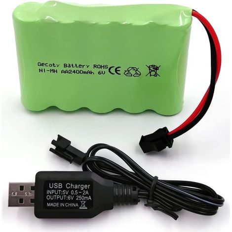 Batterie NiMH AA rechargeable - 6 V - 2 400 mAh - Avec prise SM 2P et câble de charge - Pour voiture, SUV 4X4, blindé télécommandés (1/5)