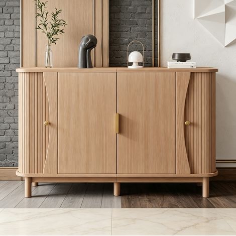 Buffet en MDF 140x40x88 cm, 2 portes coulissantes, finition bois naturel (1/5)