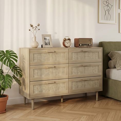 Commode 6 tiroirs meuble de rangement avec tissage en rotin dim. 110L x 40l x 75H cm Aspect Bois Clair (1/5)