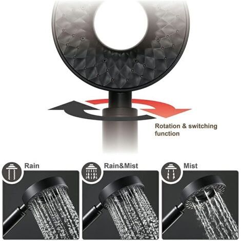 Pommeau de douche rond universel noir à main avec 3 modes et fonction autonettoyante, fabriqué en plastique ABS (1/3)