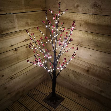 90cm 3ft Christmas Lit Black Twig Tree Red Berry 240 Warm White LED (1/5)