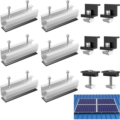 Kit Montage Solaire Aluminium Réglable avec 4 Pinces Extrémité, Supports Panneaux Photovoltaïque, Accessoires Rails Courts Argent 12cm, Support Fixation Solaires pour Toit Plat, Tôle Trapézoïdale (1/5)