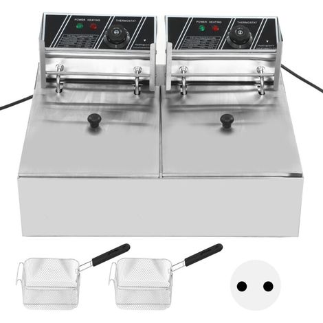 Elektrische Fritteuse Doppelzylinder Doppelkorb Edelstahl Aufsatzfritteuse Einstellbare Temperatur 220V 1700+1700W (1/5)