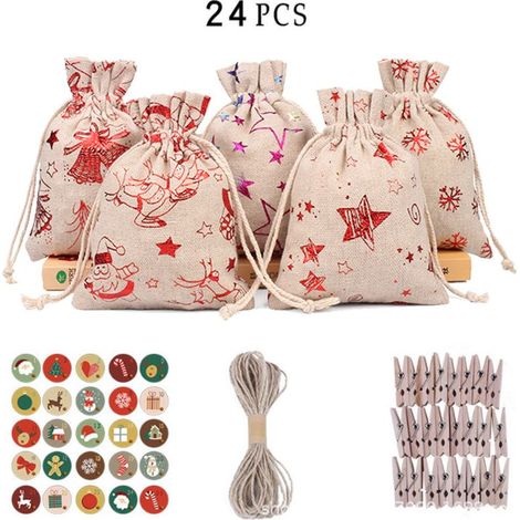 24pcs Drawstring Gift Sacks Colorful Printed Linen Burlap Bags Christmas Party Favors Foil Stamping Bags Candy Candy Packaging (1/4)