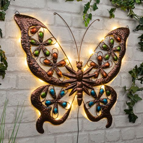 Solar Wandbild Schmetterling in bronze mit 24 LED - 61 x 52 cm - Metall Wand Deko für Außen warm weiß beleuchtet - Gartendeko Wandleuchte Stimmungslicht für Außen