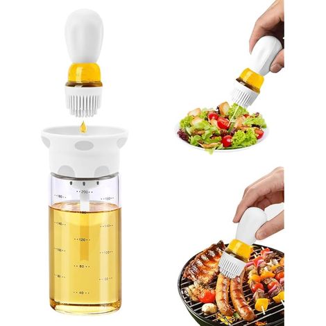 Distributeur d'huile d'olive 2 en 1 avec brosse 200 ml pour cuisine en verre Blanc