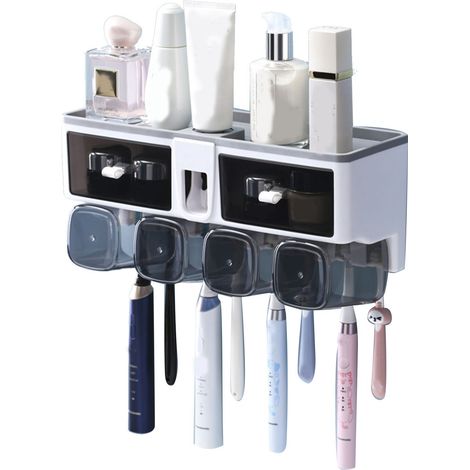 Porte-brosse à dents mural sans perçage, support pour verre à bain, étagère de rangement WC blanc 4 gobelets (1/5)