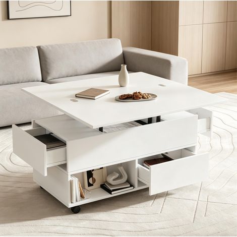 mesa centro elevable con cajones y ruedas blanca OKMYHOME (1/5)