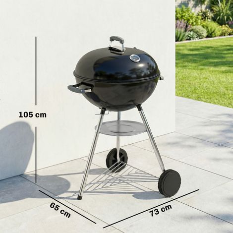 Barbecue rond au charbon de bois avec thermomètre et grille inférieure, en métal et acier inoxydable, 73 x 65 x 105 cm, noir (1/5)