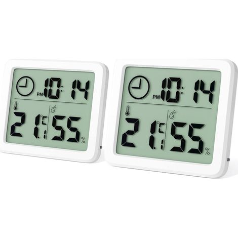 Lot de 2 mini thermomètres numériques d'intérieur, portables et professionnels, avec grand écran, horloge, thermomètre blanc précis et hygromètre intégré, pour la maison, la chambre d'enfant, le burea (1/5)