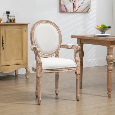 Chaise de salle à manger de style rétro, chaise de cuisine avec rembourrage épais, aspect lin, accoudoirs, dossier, chaise de salon, chaise rembourrée pour table à manger, bois d'hévéa, blanc crème +