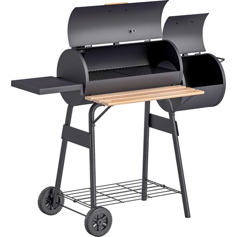 Barbecue à Charbon Fumoir BBQ sur Pied avec Couvercle, Roues, Sonde Thermique, Étagères, Acier Laminé Froid Noir (1/5)