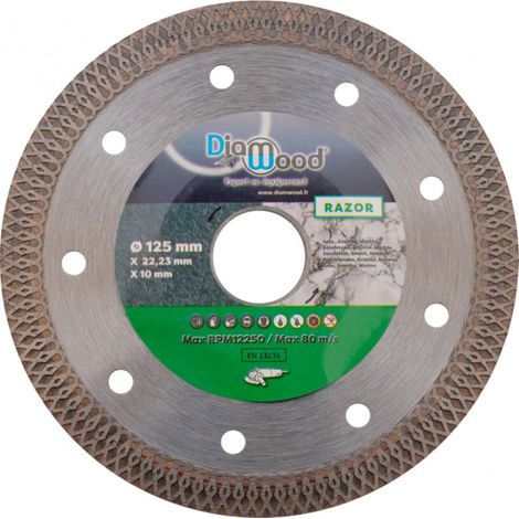 Diamwood – Disque diamant 125 mm RAZOR – Alésage 22,23 mm – Jante turbo 10 mm pour coupe nette sur grès cérame, granite, marbre, carrelage