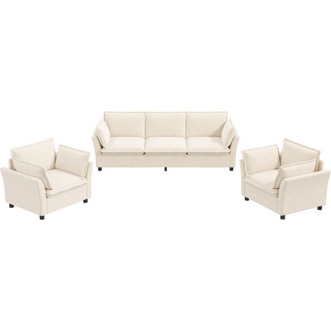 Sofá modular de 3 plazas con 2 sillones, cojines de brazo, Chenilla Beige (1/5)