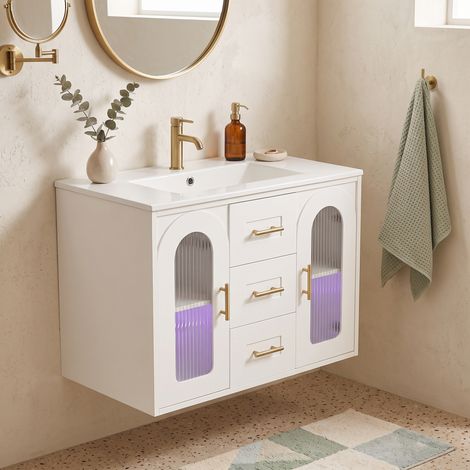 URBAN MEUBLE Meuble vasque mural blanc, LED, verre rainuré, moderne, sans robinet 76x46x55cm (robinet non inclus) (1/5)