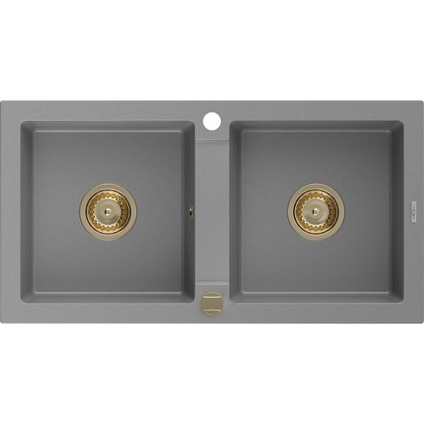 Mexen Mario évier en granit à 2 cuves 820 x 436 mm, Gris, siphon Or - 6504822000-71-G (1/5)