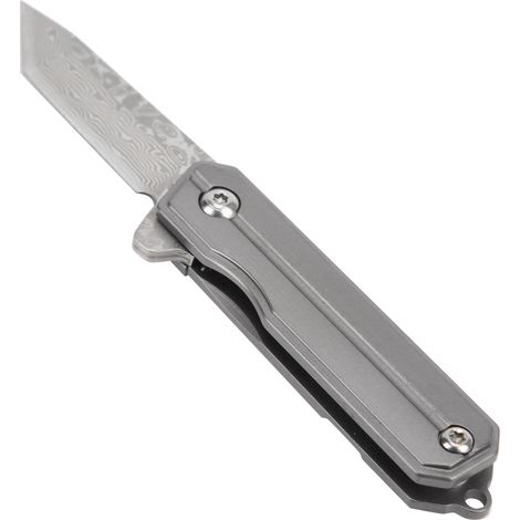 Couteau de poche pliant, lame en acier damassé, manche en titane, couteau de camping avec dragonne, lame GrayT Head (1/5)