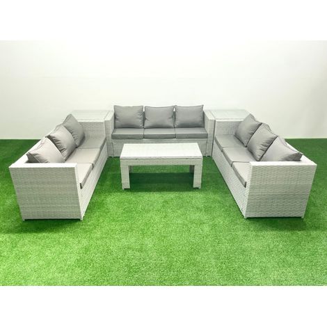 Fimous Ensemble de meubles d'extérieur en rotin 9 places avec Table basse oblongue 2 Tables d'appoint Gris clair mixte (1/5)
