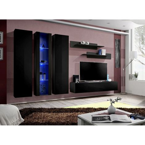 Ensemble meuble TV mural  - Fly III - 310 cm x 190 cm x 40 cm - Noir - Livraison gratuite