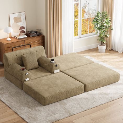 Poltrona letto 1 posto in velluto a coste con pouf, schienale alto, khaki (1/5)