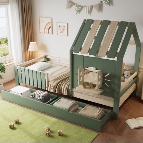 Bett Kinderbett Stauraum 90x200 Holz Grün OKMYHOME (1/5)