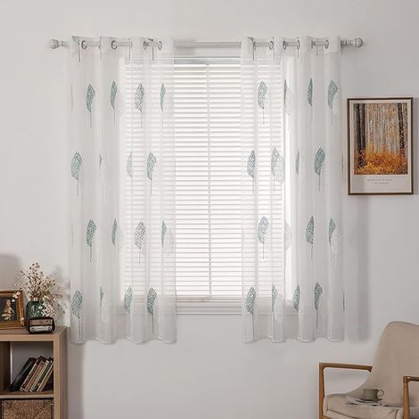 Sinbinta – Rideau voilage transparent bleu 140x260cm – Lot de 2 avec motif brodé feuilles – Œillets argentés pour installation facile