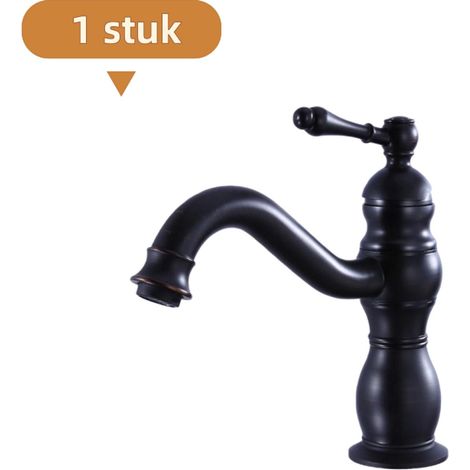 Robinet de lavabo en laiton antique européen (1 pièce) - Rotation à 360° - Eau chaude et froide - Finition noire antique, profil bas (1/5)