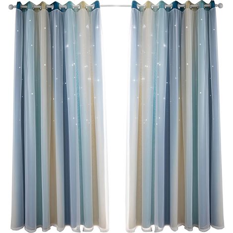 Rideaux Occultants étoiles Colorées, Design Double Couche pour Chambre de Filles, Salon, Rideaux de Fenêtre en Tissu Polyester Isolant (Bleu 53" L x 95" L)
